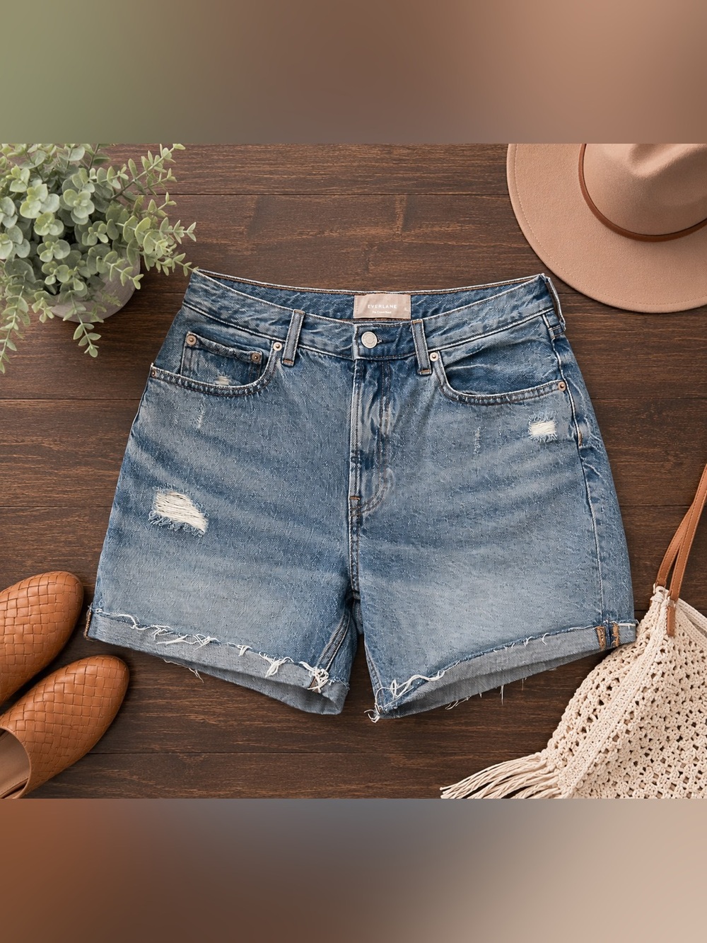 Everlane The Denim Short Size 28 Distressed Organic Cotton High Rise Cutoff